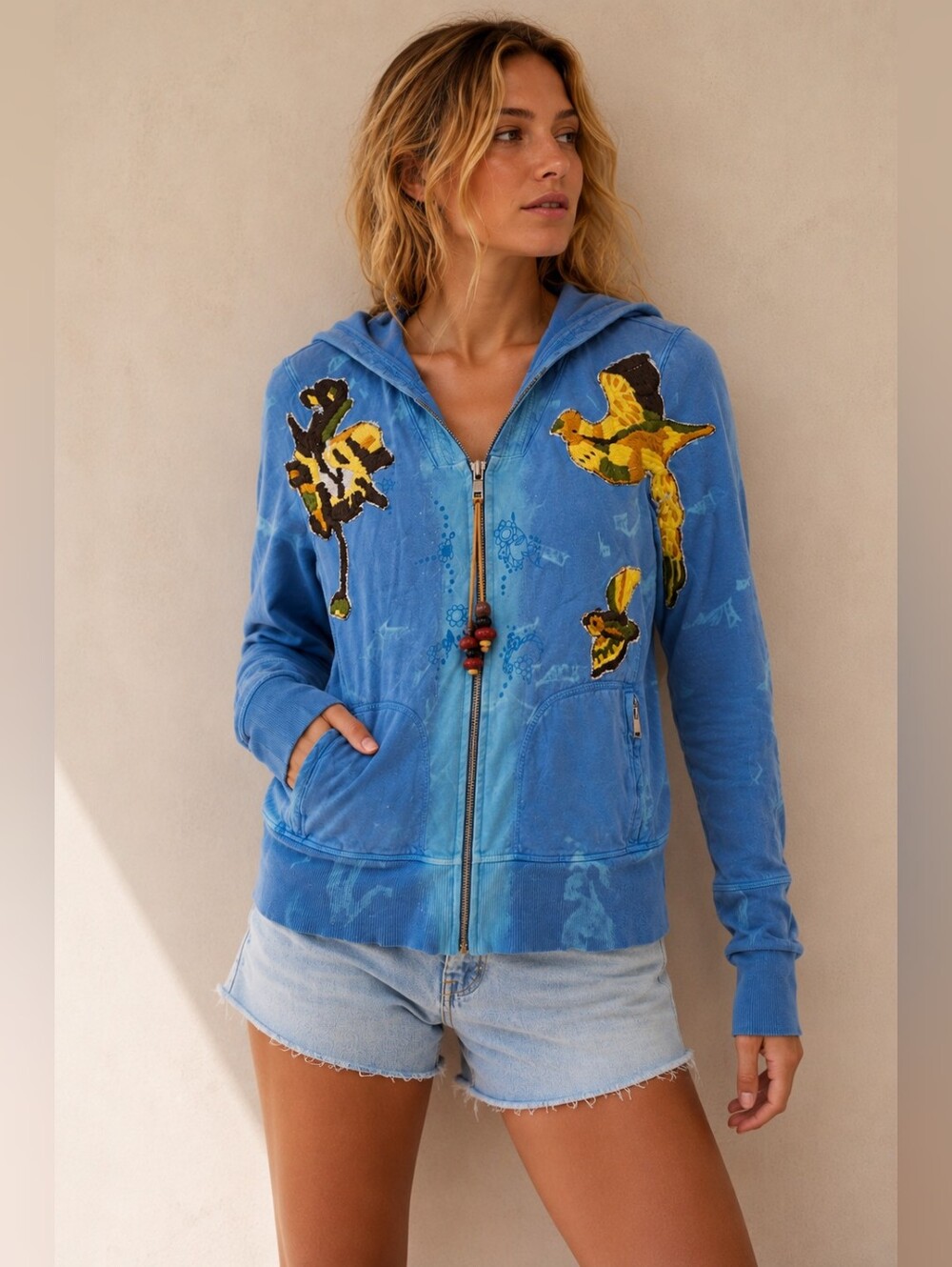 RARE Free People Zip Up Hoodie W Gorgeous Bird Detail S Like New